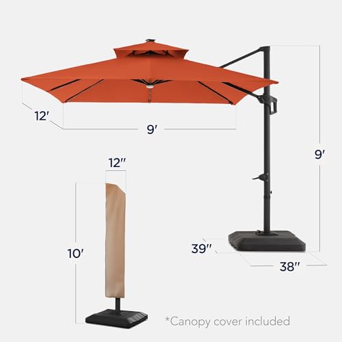 Best Choice Products 9x12ft LED Cantilever Patio Umbrella w/Base Included & 360° Rotation, Large Solar Offset Hanging Outdoor Sun Shade for Deck, Backyard Table w/Stand & Lights – Rust - color: Rust, size: 9x12ft