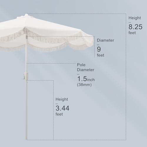 Tempera 9ft Auto Tilt Scalloped Patio Umbrellas with Fringe, Outdoor Table Umbrellas with Fade Resistant Canopy, 8 Sturdy Rids, Luxurious Vintage Umbrellas for Lawn, Pool, Deck, Balcony - color: Snow White, size: 9 FT
