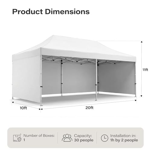 LAUSAINT HOME 10x20 Party Tent, Heavy Duty Waterproof Canopy with Removable Sidewalls & Roll-Up Door, Large White Event Shelter with Steel Frame for Wedding, Backyard, BBQ, Camping, for 15–30 People - size: 10x20