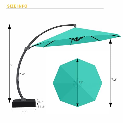 Kingdura 11ft Offset Cantilever Patio Umbrella with Base Included, Large Round Aluminum Outdoor Umbrella, 360° Rotation & Infinite Tilt, Heavy Duty Frame for Deck Pool Backyard, Turquoise Blue - color: Turquoise blue, size: 11 FT