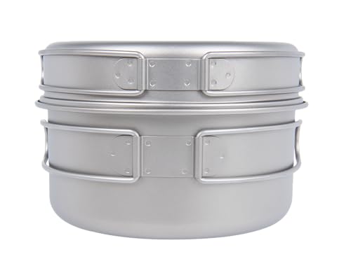 iBasingo Backpacking Cookset Titanium Camping Pots Set Ultralight Outdoor Picnic Pots Pans with Folding Handle Druable Portable Cooking Mess Kit Compact Picnic Dishes Bowls Cups (Multiple Sizes) - color: Ti2042C(1000ML+500ML)