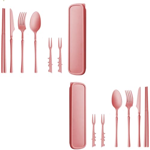 Straw Portable Cutlery Set Travel Utensils with Case , Reusable Camping Utensil , Plastic Work School Kids Adults or Daily Use Cutlery Set - for Lunch Box Use Outdoor(Pink , Pink) - color: Pink，Pink