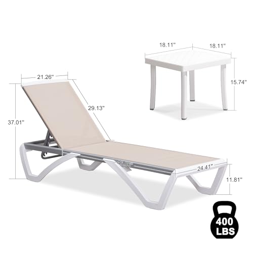 PURPLE LEAF Patio Chaise Lounge Chair Set of 3 Outside Aluminum Plastic Stackable Tanning Chairs for Pool Sunbathing Beach Deck Outdoor Lounger, Khaki - color: Khaki, style: 2 chairs + 1 table
