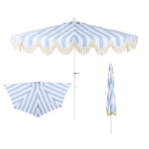 JONATHAN Y Half Umbrella UMB1201J Beverly 9 ft. Designer Classic Scalloped Fringe Market Patio with Crank, Tilt Button and UV Protection in Light Blue/White, White Pole - color: Light Blue/White - White Pole