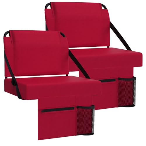 2pcs Stadium Seat for Bleachers with Back Support，Portable Bleacher Chairs with Back and Cushion，Includes Shoulder Strap and Cup Holder - color: Maroon,2 Pack