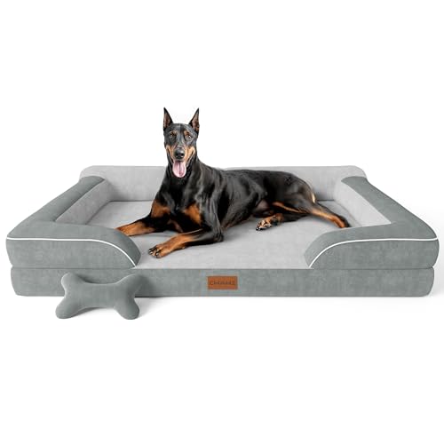 CWAWZ XXL Dog Bed for Extra Large Dogs, Giant Orthopedic Dog Bed with Cooling Gel Memory Foam, Waterproof Pet Bed with Removable Washable Cover, 53" Pet Sofa bed Dutch Velvet with Bone Toy, Light Gray - color: Light Grey, size: XX-Large(53"L x 42"W x 9.5"
