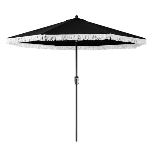 Tempera 9ft Auto Tilt Patio Umbrellas with Fringe, Outdoor Market Umbrellas with Fade Resistant Canopy, 8 Sturdy Rids, Luxurious Vintage Umbrellas for Lawn, Pool, Deck, Balcony - color: Black Tassels, size: 9 FT