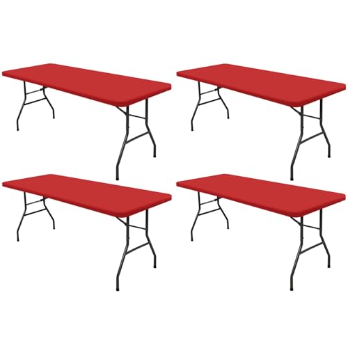 4 Pack Picnic Fitted Table Cover for 6 Foot Tablecloth for Rectangle Tables Waterproof Stretch Washable Folding Indoor and Outdoor Spandex Table Cloth for Camping Banquet and Parties (Red,30" x 72") - color: Red, size: 30"x72" (Pack of 4)