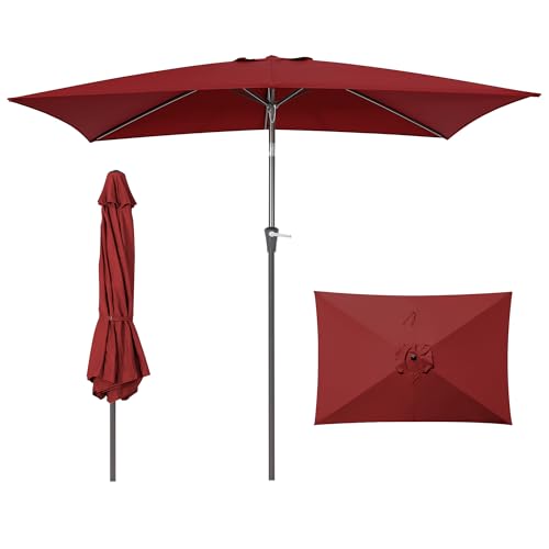 HASLE OUTFITTERS Rectangular Patio Umbrella, 6.5 x 10 ft Rectangle Table Umbrellas w/Heavy Duty Ribs, Effortless Crank and Push Button Tilt, Wind Resistant Sun Umbrella for Outdoor Patio, Wine Red - color: Wine Red