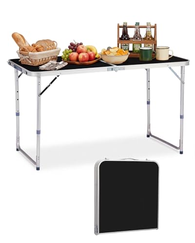 Outvita 4ft Portable Folding Camping Table, Outdoor Waterproof Adjustable Height Table, Aluminum Lightweight Suitcase Foldable Table for Picnic BBQ Beach Dining - color: Black, size: 47*24*28