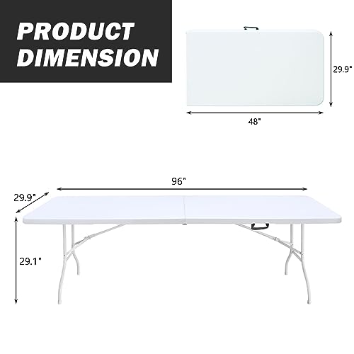 Portable Plastic Folding Table 4ft/6ft/8ft Heavy Duty White Black Picnic Dining Table Fold-in-Half for Camp Party Kitchen Indoor Outdoor - color: White, size: 8FT, style: Flat Desktop