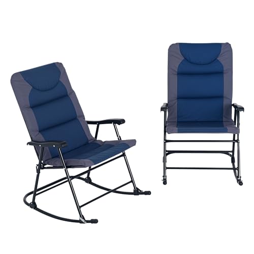 Outsunny Oversized Folding Rocking Camping Chair Set of 2, Padded Outdoor Rockers with High Back and Armrests, Portable Outdoor Patio Chairs with Steel Frame for Garden, Porch, Lawn, Navy Blue - color: Navy Blue