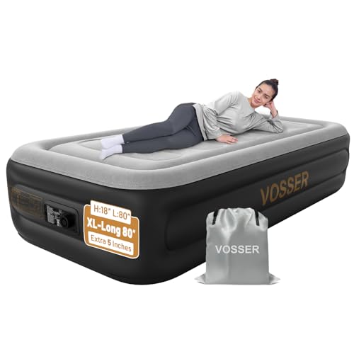 VOSSER Twin Air Mattress with Built in Pump,18''Inflatable Mattress 2 Mins Self-Inflation/Deflation,XL-Long Blow up Mattress Thicker,Flocked Top Air Bed with Storage Bag for Home, Camping & Guests - color: Grey, size: Twinxl 18''(comfort Height)