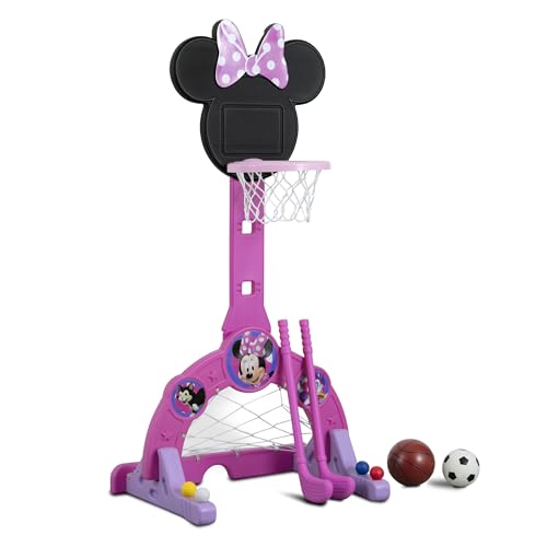 Delta Children Disney Minnie Mouse 4-in-1 Sports Center – Adjustable Easy Score Basketball Hoop, Soccer/Hockey Net and Golf Game, 4 Golf/Hockey Balls, Pink - color: Minnie Mouse