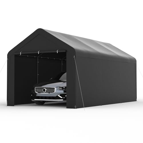 Carport, 10‘ x 20’ Heavy Duty Portable Garage All-Season Car Canopy w/Removable Sidewall & Doors, Carport Canopy Party Tent w/Water-Resistant Tarp for Backyard (Black, 10‘ x 20’) - color: Black, size: 10' x 20' /with side