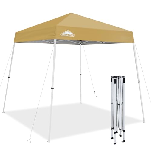EAGLE PEAK 8x8 Slant Leg Pop-up Canopy Tent Easy One Person Setup Instant Outdoor Beach Canopy Folding Portable Sports Shelter 8x8 Base 6x6 Top (Beige) - color: Beige, size: 8x8