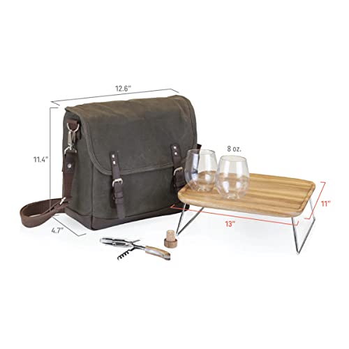 LEGACY - a Picnic Time Brand Adventure Wine Tote Bag with Wine Glasses and Mini Table, Khaki Green/Brown - color: (Khaki Green With Brown Accents)