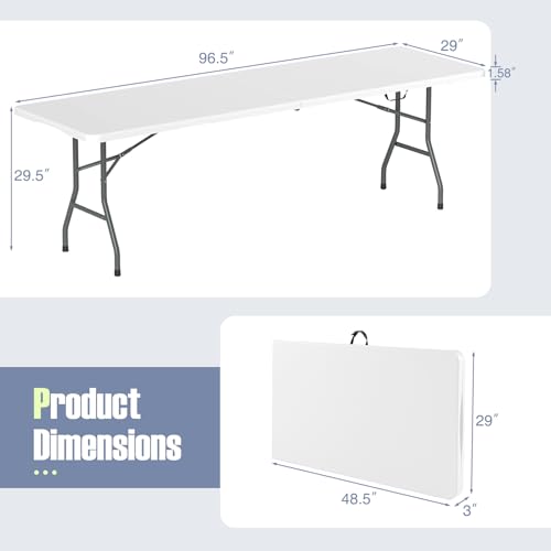 Goplus 8ft Plastic Folding Table, 350 LBS Outdoor Heavy Duty Folding Tables with HDPE Tabletop, Handle, Lock, Foldable Rectangle Portable Utility Card Table for Picnic, Party, Camping, Dining - color: White, size: 96.5" x 29" 29.5"