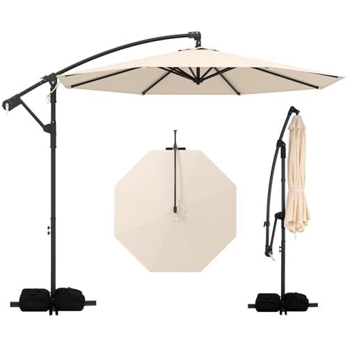 Tangkula 10ft Patio Umbrella with Base Included, Offset Cantilever Outdoor Umbrella with 360 Degree Rotation, Crank Handle, Sun-Protective Canopy for Pool Deck Garden Backyard (Beige) - color: Beige, size: 10 FT