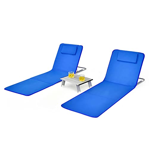 Giantex Beach Chairs for Adults 2 Pack Set with Side Table, Folding Lounge Chairs, 5 Position Adjustable Lawn Chair for Sunbathing, Patio Chaise Lounge Lightweight Backpack Camping Chairs (Navy) - color: Navy
