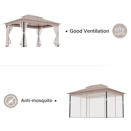 LAUSAINT HOME 10'x13' Outdoor Patio Gazebo with Mosquito Netting, Double Roof Outdoor Gazebo Pavilion Shelter for Backyard, Garden, Lawn, Wedding (Khaki) - color: Khaki, size: 10'x13' - w/o curtains