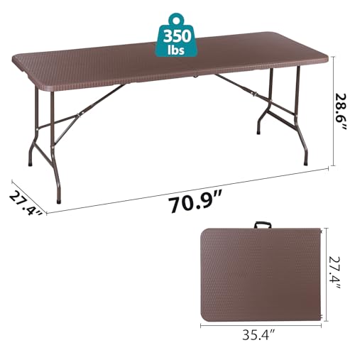 JupiterForce 6ft Plastic Folding Table, Indoor Outdoor Portable Heavy Duty Foldable Camping Table, Fold-in-Half Utility Table Dining Picnic Table for Party Wedding Event, Brown - color: Brown, size: 6FT