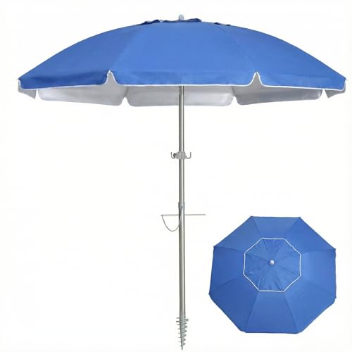 PASAMIC 7ft Beach Umbrella for Sand with Sand Anchor & Tilt, UPF 50+ Protection Beach Umbrellas for Heavy Duty Wind Portable with Carry Bag and Hook, for Patio Garden Pool, Dark Blue - color: Dark Blue, size: 7FT
