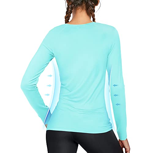 isnowood Women's Sun Protection Long Sleeve Shirts, UPF 50+ UV Rash Guard Swim Shirt, Workout Hiking Running Athletic Tops - color: Baby Blue, size: Large