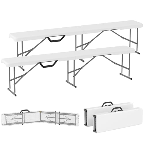 Outsunny 2-Pack 6 Ft. Plastic Folding Benches, Portable Foldable Bench Seats with Carrying Handle, Non-Slip Mat, HDPE Tabletop, Picnic Benches for Camping Dining Picnic BBQ Sports, White - color: White