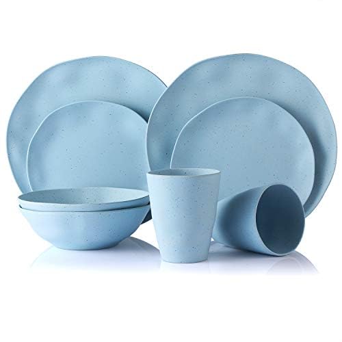 MORGIANA 8 pcs Reusable Bamboo Dinnerware Set, Camping Dishes with Bamboo Bowls Plates Dishes for 2 (Blue) - color: Blue