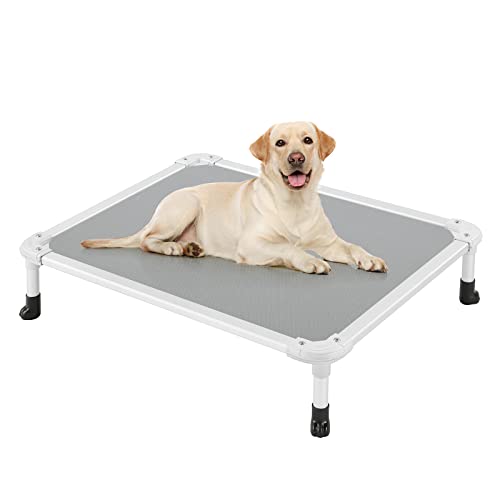 Veehoo Chew Proof Elevated Dog Bed - Cooling Raised Pet Cot - Silver Aluminum Frame and Durable Textilene Mesh Fabric, Unique Designed No-Slip Feet for Indoor or Outdoor Use, Grey, Medium, CWC2003 - color: Gray, size: 32.0"L x 25.0"W x 7.0"Th