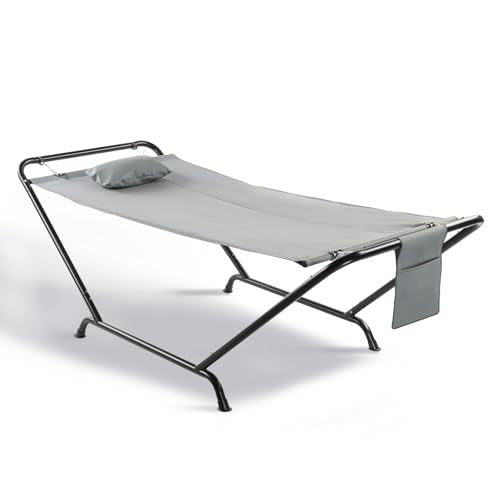 ONCLOUD Freestanding Hammock with Stand, 600LBS Heavy Duty Outdoor Hammock, Cofy Outdoor Hammock with Stand, Hammock Bed for Yard, Deck, Patio, Hammock with Soft Pillow & Storage Bag (Grey) - color: Grey
