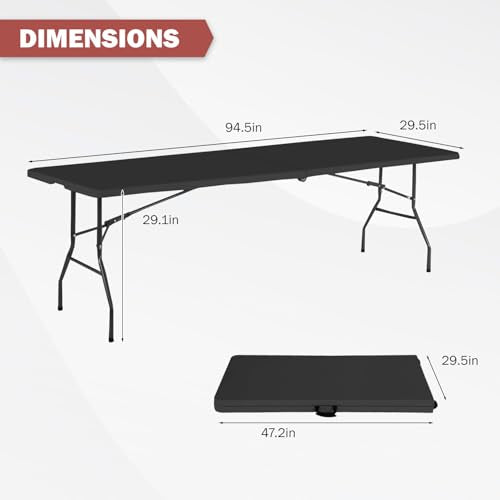 PayLessHere | 8FT Folding Table | Portable Plastic Table with Carry Handle | Waterproof & Foldable Table Design | Steel Frame with Lock | Black | for Events, Camping, Indoor & Outdoor Use - color: Black, size: 8 FT