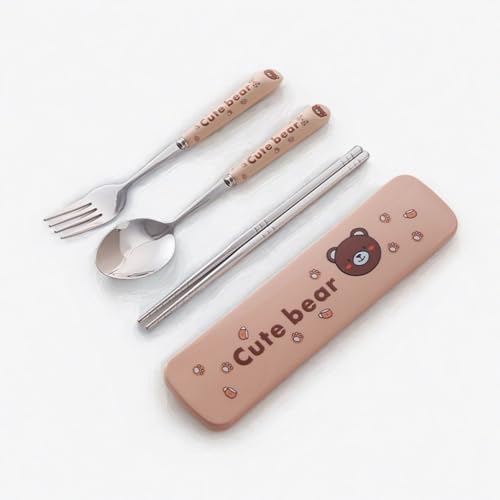 Cute Silverware Set, Animal Series Ceramic Handle Dinnerware Set Flatware Kitchen Accessories Camping Travel Sets Fork Spoon Chopstick Portable Cutlery Sets with Case, Bear Rabbit Duck Cat ( - color: Bear