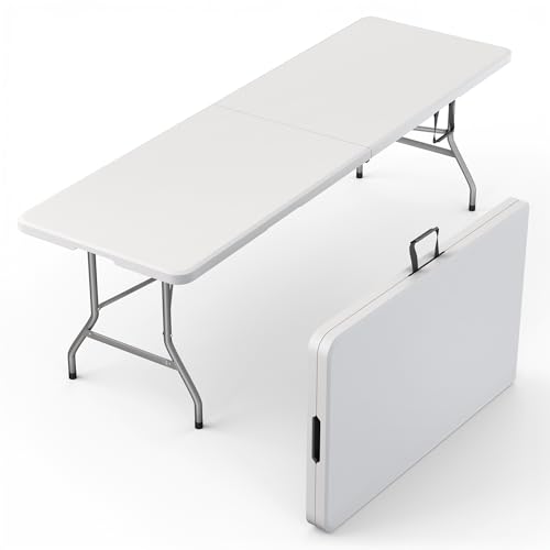 Our Modern Space 8 Feet Foldable Table with Built in Handle & Steel Legs | Heavy Duty Portable | Perfect for Party, Dining, Wedding, Events, Picnic Indoor, Outdoor, Camping, Utility, Temporary - color: White, size: 8 FT