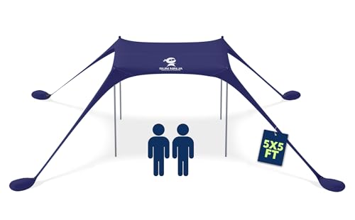 SUN NINJA Beach Tent Sun Shelter UPF50+ - Easy Pop Up Beach Canopy - Outdoor Shade for Camping Trips, Fishing, Backyard Fun Picnics - Sand Shovel, Ground Pegs & Stability Poles - color: Navy, size: 5x5 FT 4 Pole
