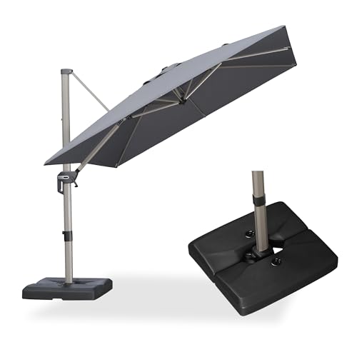 PURPLE LEAF 9FT Patio Umbrella with Base Champagne Square Cantilever Offset Outdoor Umbrella with 360 Rotation for Garden Pool, Light Grey - color: Light Grey, size: 9' x 9'
