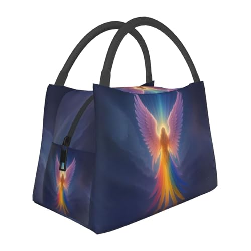 Rainbow Angel Reusable Lunch Box,Colorful Feather Starry Sky Lunchbox for Women Girls,Insulated Lunchbag,11in*6.3in*6.7in,Gifts Makeup Bag,Portable Handbag for Picnic Work Travel Hiking - color: Angel