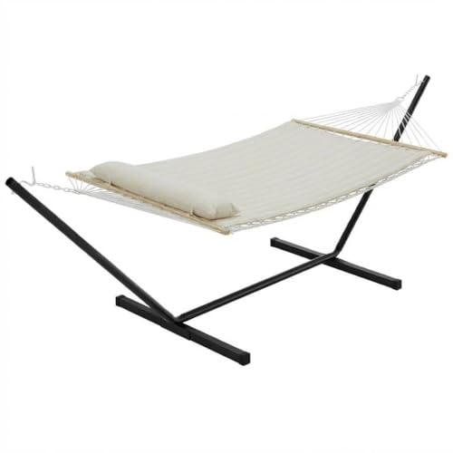 Double Hammock with Stand, Outdoor Quilted Padded Hammock with Heavy Duty Iron Frame, Portable Patio Swing Bed for Backyard Garden, 450 Lbs Capacity,Off White - color: Beige