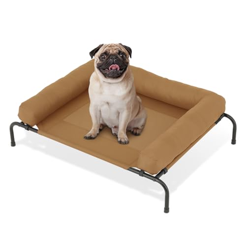 MoNiBloom Outdoor Elevated Dog Bed w/Removable Bolster, Portable Raised Outdoor Dog Bed with Stable Anti-Slip Feet & Breathable Mesh, 42 Inches Length, Light Brown - color: Light Brown, size: 42"L