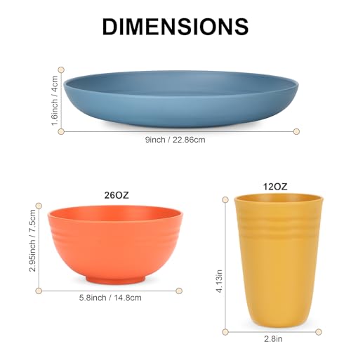 HOTEC 24-Pack Unbreakable Kitchen Plastic Wheat Straw Dinnerware Set – BPA-Free Plates, Bowls & Cups | Lightweight, Microwave & Dishwasher Safe | Multicolor Reusable Tableware for Home & Outdoor Use