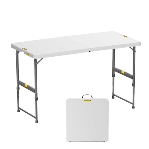 FanttikOutdoor Folding Table 4 Foot, Effortless Quick Adjustable Height Foldable Small Card Table, Fixing Lock, Stable for Party Dining Events Picnic Indoor Outdoor Camping, 1 Pack, Zeta X4 Pro White - color: Granite White