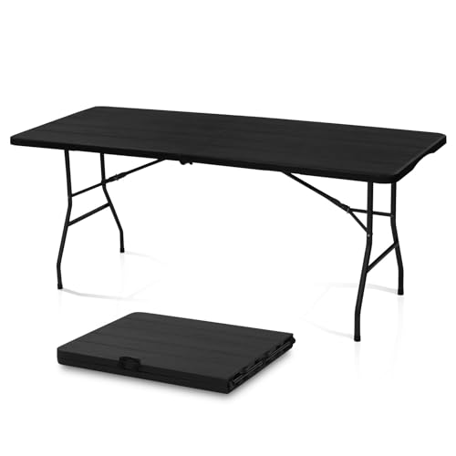 AJP Distributors 6 Foot Portable Plastic Folding Table 6FT 72" Half Foldable Heavy Duty Top w/Carry Handle - Indoor Outdoor Camping Picnic Party Wedding Dining Office Event Meeting Black Wood Style - color: Black Wood Style, size: 6 Foot