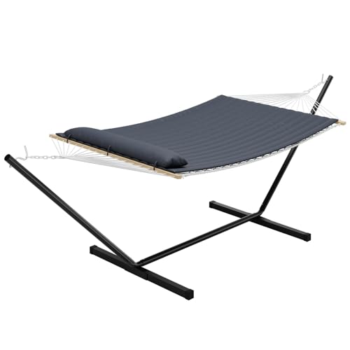 Double Hammock with Stand,450lbs Capacity, 2 Person Cotton Rope Portable Hammock with Polyester Quilted Pad and Pillow,for Garden Yard,Camping and Patio.Dark Dray. - color: Dark Gray