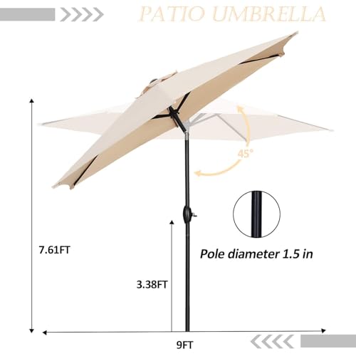HYD-Parts 9FT Patio Umbrella Outdoor Table Umbrella,Market Umbrella with Push Button Tilt and Crank for Garden, Lawn, Deck, Backyard & Pool, with a Base (Khaki) - color: Khaki, size: Umbrella+Base