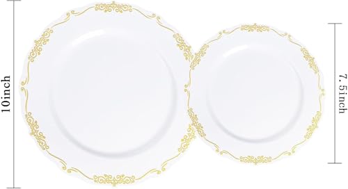 U-QE 100PCS Gold Plates Disposable - Heavy Duty White and Gold Plates Including 50PCS 10'' Dinner & 50PCS 7.5'' Dessert Plates Perfect for Upscale Party, Wedding - color: White Gold