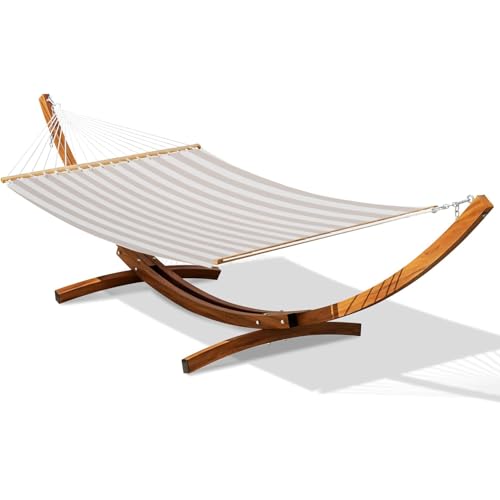 Lazy Daze Hammocks 12 FT 2 Person Double Quick Dry Textilene Hammock with Curved Steel Heavy Duty Stand for Outside, Backyard, Patio, 450 Lbs Capacity, Beige White Stripes - color: Beige White Stripes