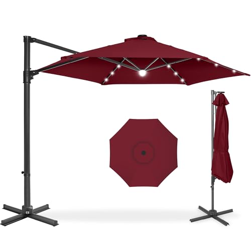 Best Choice Products 10ft Solar LED Offset Cantilever Hanging Market Patio Umbrella, Smooth 360° Rotation, 8 Sturdy Ribs, Easy Adjustment - Burgundy - color: Burgundy, size: Offset w/ 360° Rotation