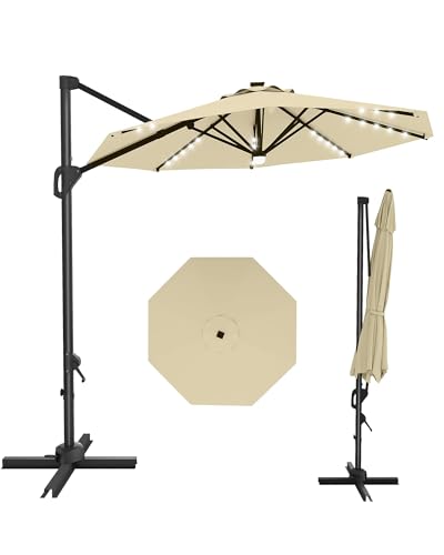 9ft Outdoor Patio Umbrella Heavy Duty 8 Ribs, Waterproof UV Protection Sun Shade with Crank Lift & Push Button Tilt, Outdoor Umbrella for Deck, Pool, Garden, Backyard, Lawn - color: Beige&Round-Lights, size: 10FT Roman