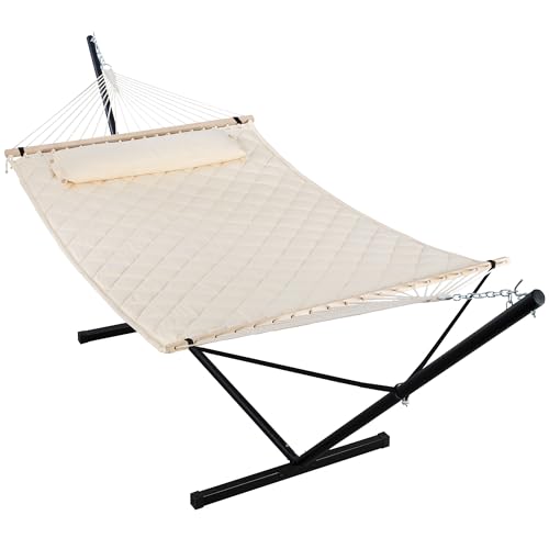 ANOW Outdoor Hammock with 12 Feet Heavy Duty Steel Stand, Two Person Hammock with Stand Included, 450 LBS Weight Capacity, Cream - color: Cream, size: 2 Person With Stand
